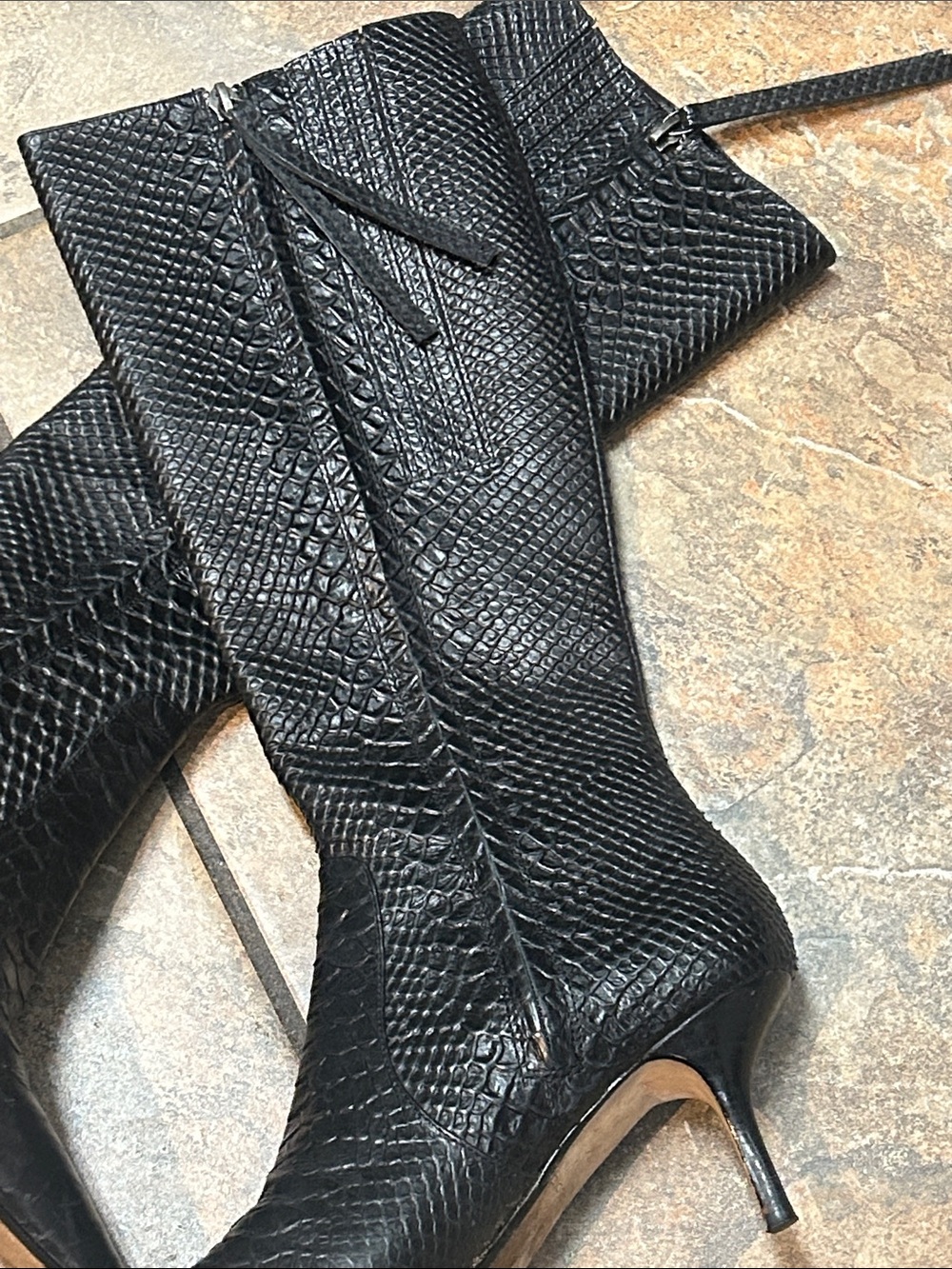 Black Snakeskin Pointed-Toe Knee-High Boots with kitten heel. Size 6 - Picture 2 of 5